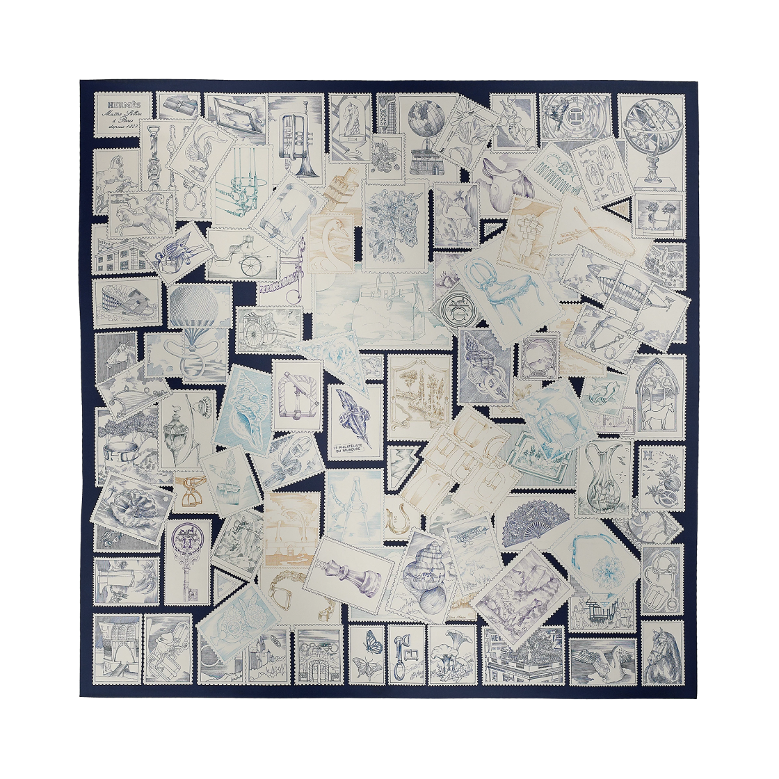 (W) 에르메스 르 필라뗄리스트 뒤 포부르 스카프 90 마린 블랑 인디고((W) Hermes Le Philateliste Du Faubourg Scarf 90 Marine Blanc Indigo) - 1