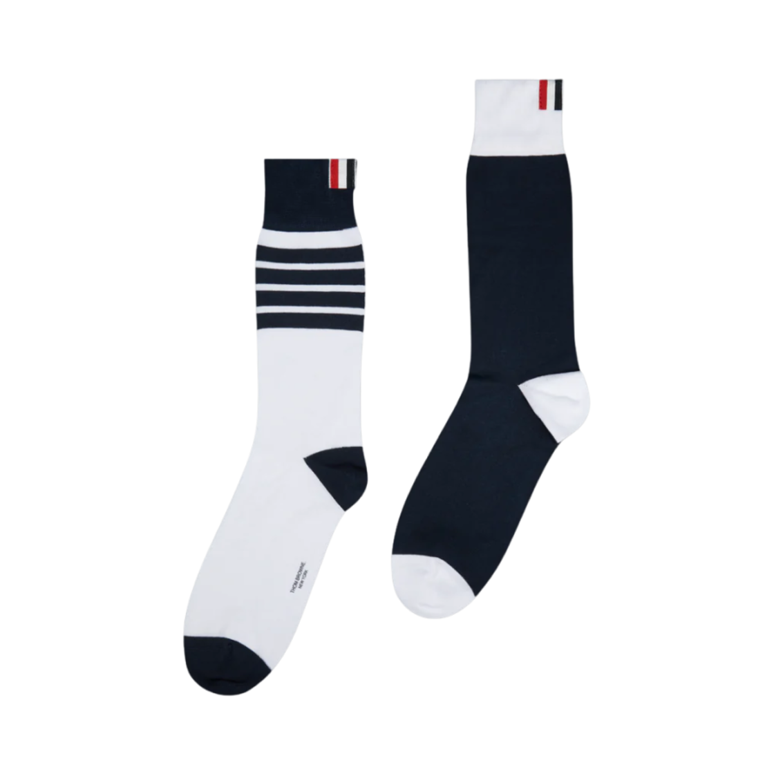 MAS198F-Y3012-979 Thom Browne Funmix Classic 4-Bar Mid Calf Socks Navy White