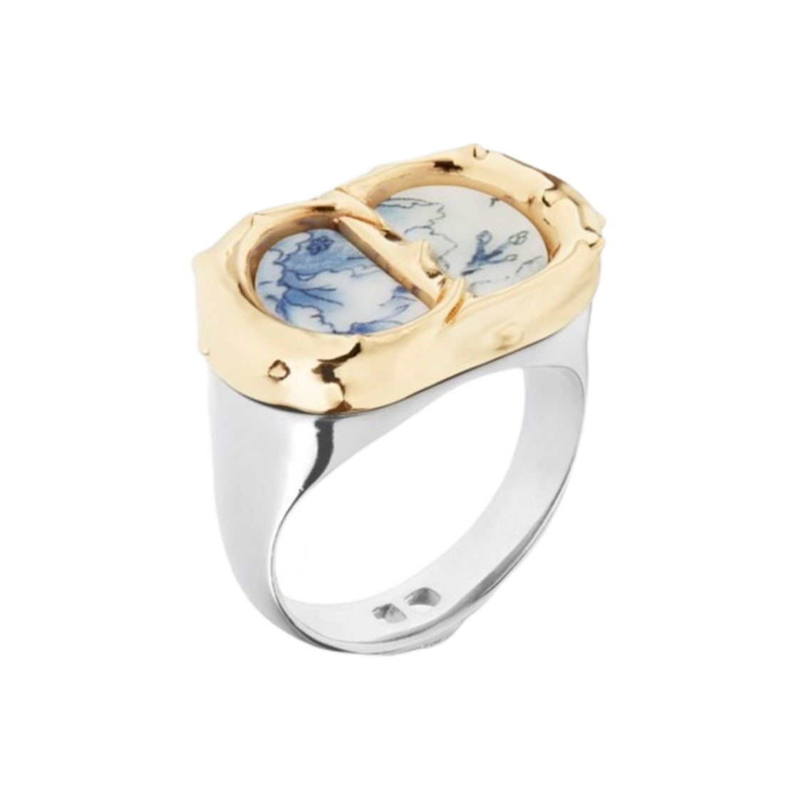 디올 CD 아이콘 링 실버 골드 피니쉬 브래스 블루 화이트 레진(Dior CD Icon Ring Silver Gold Finish Brass Blue White Resin) - 1