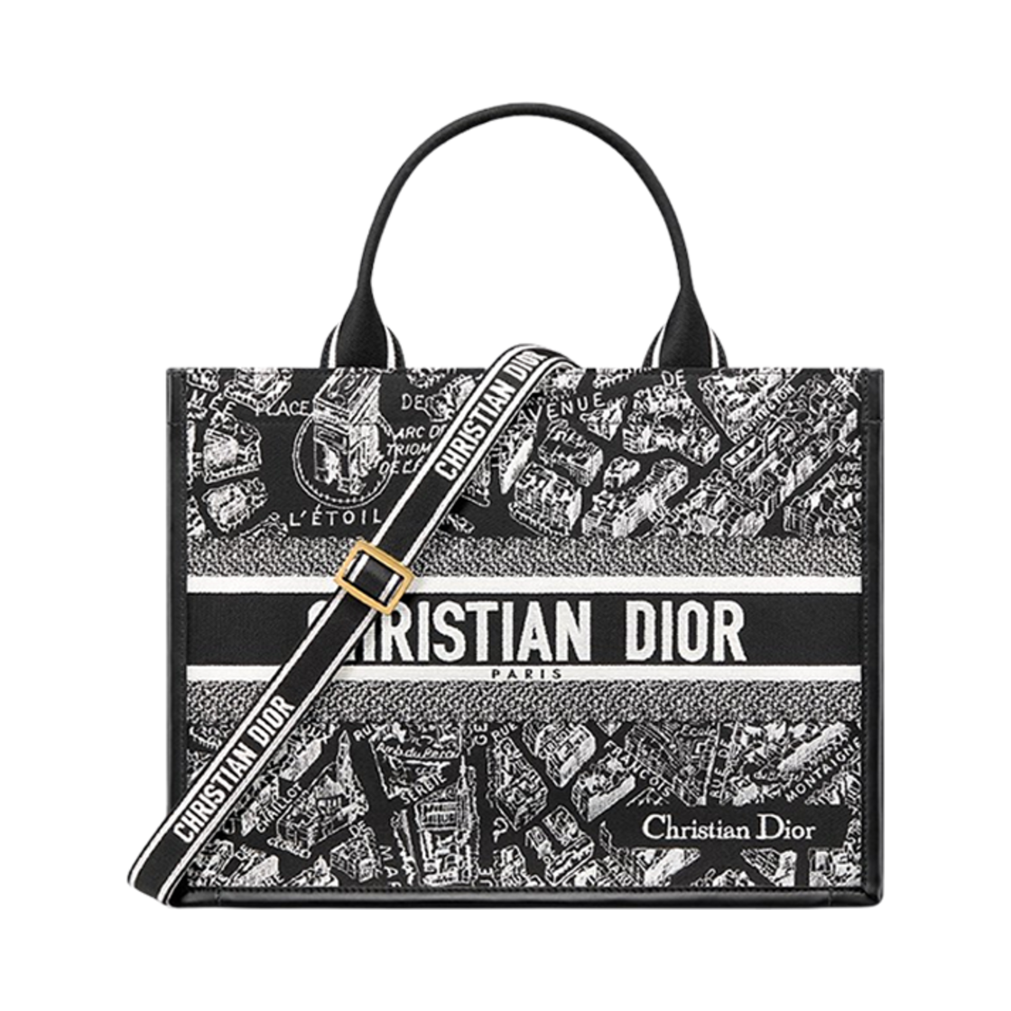 M1324CETJ-M46I Dior Medium Book Tote Black White Plan De Paris Embroidery with Black Calfskin
