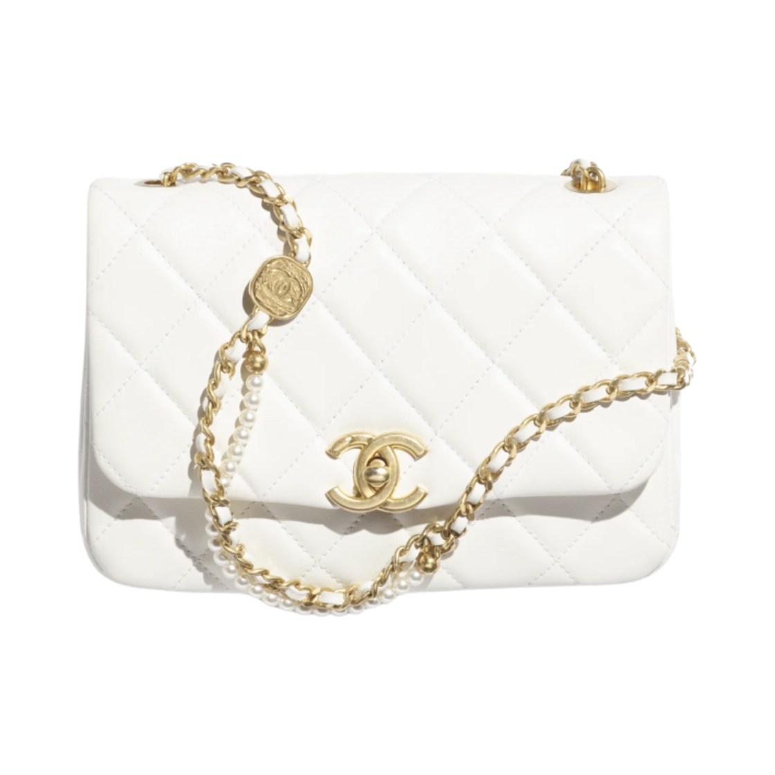 샤넬 미니 플랩백 샤이니 램스킨 이미테이션 펄 & 골드 메탈 화이트(Chanel Mini Flap Bag Shiny Lambskin Imitation Pearls & Gold White) - 1