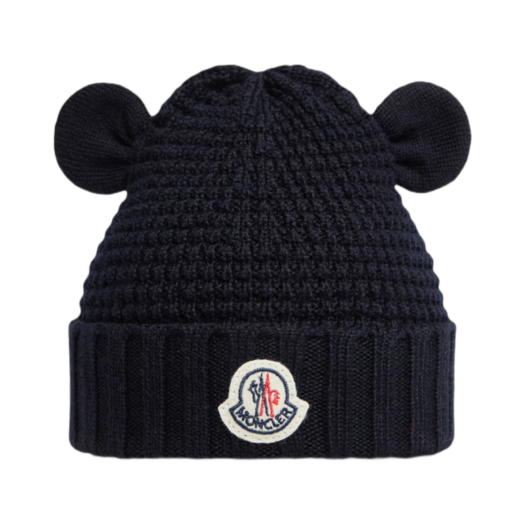 K1-951-3B00001-M1131-742 (Kids) Moncler Logo Teddy Bear Wool Beanie Navy Blue - 25SS