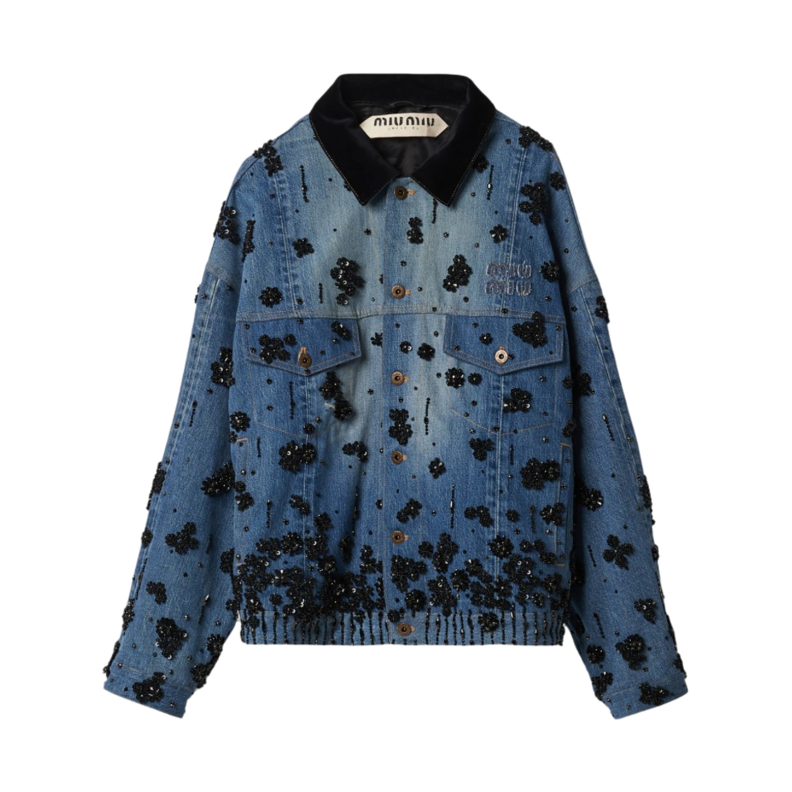 (W) 미우 미우 엠벨리시드 데님 트러커 자켓 네이비