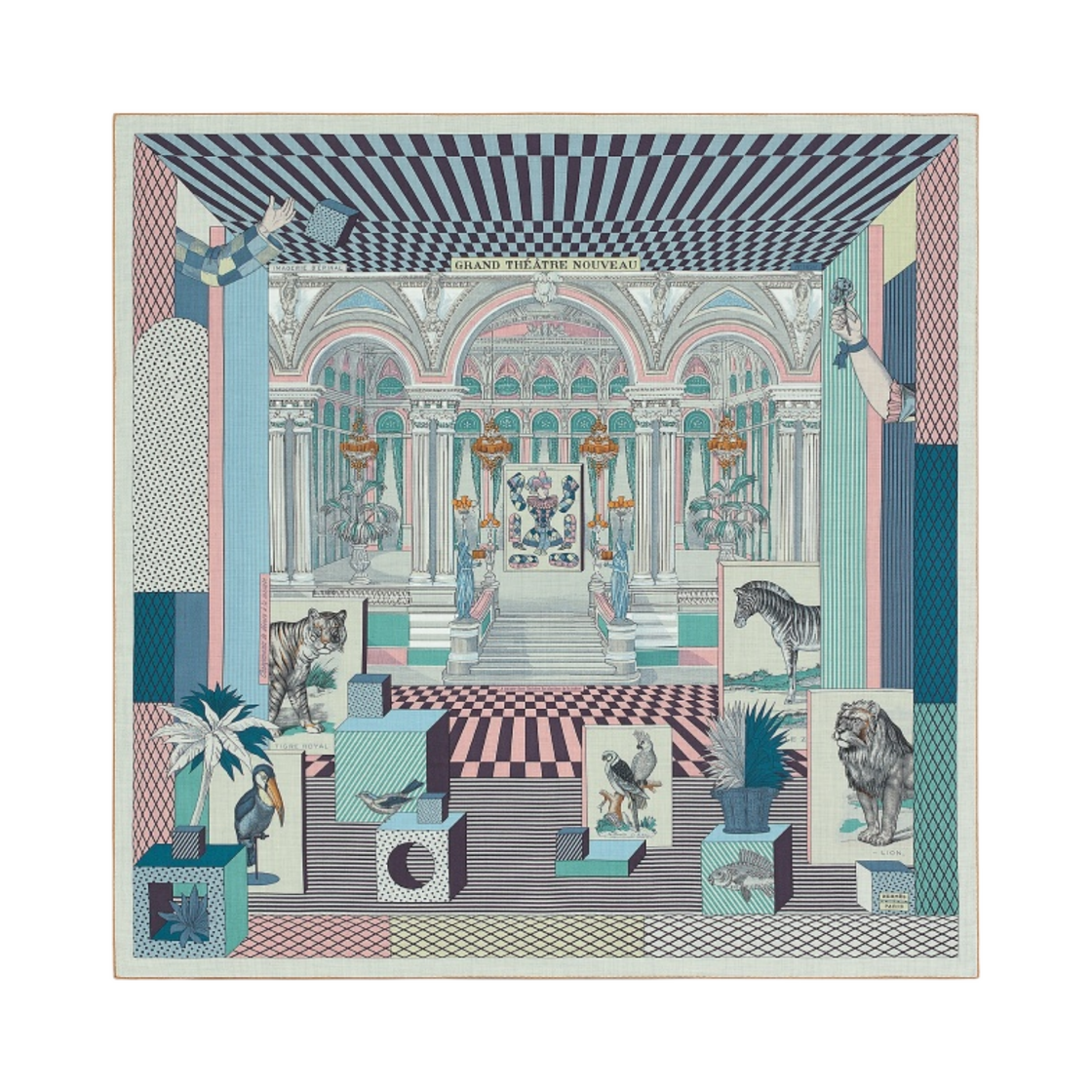 H243761S05 (W) Hermes Grand Theatre Nouveau Shawl 140 Cashmere Silk Gris Chine Bleu Rose - 대표 이미지 #1