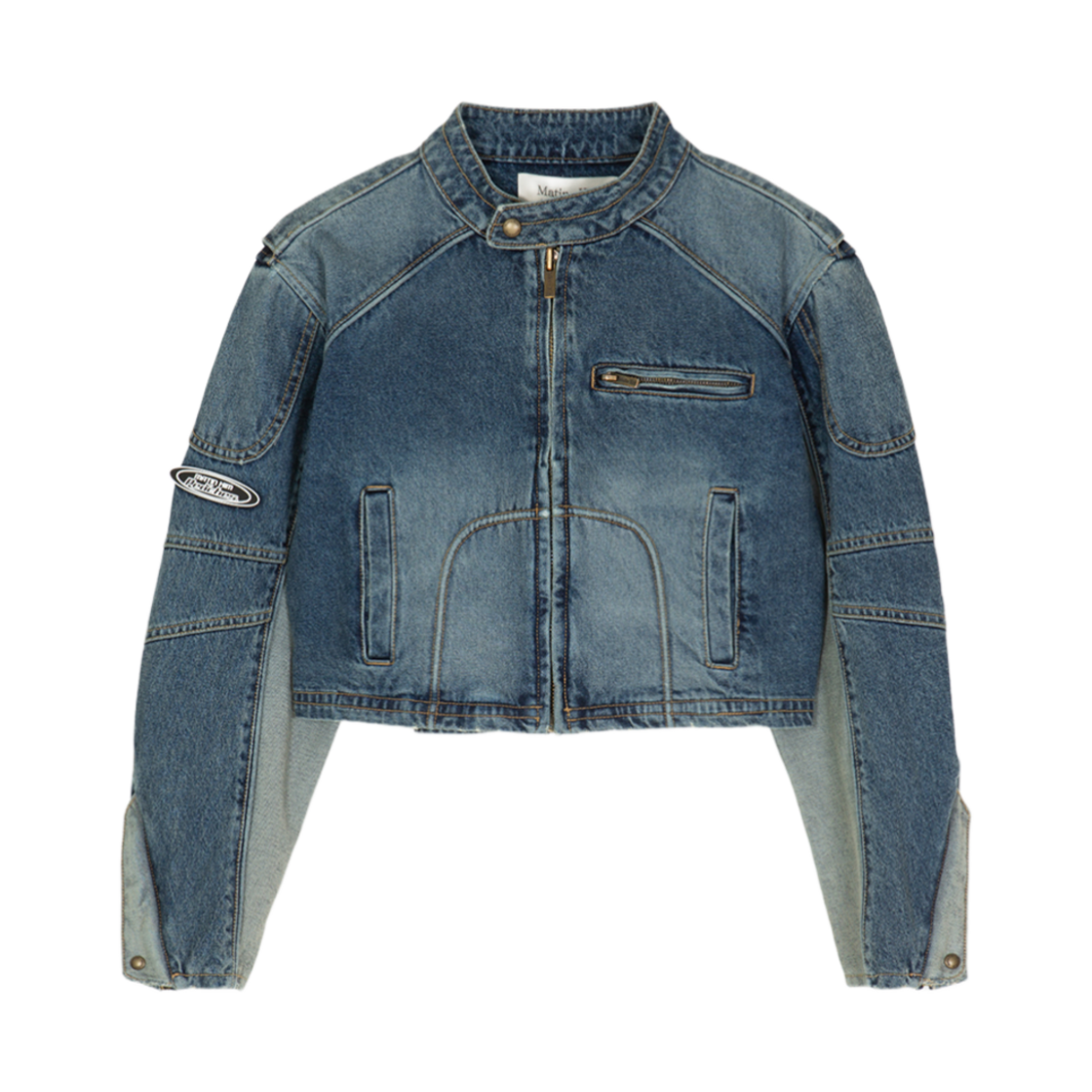 (W) 마뗑킴 x 피치스 데님 바이커 크롭 점퍼 블루((W) Matin Kim x Peaches Denim Biker Crop Jumper Blue) - 1