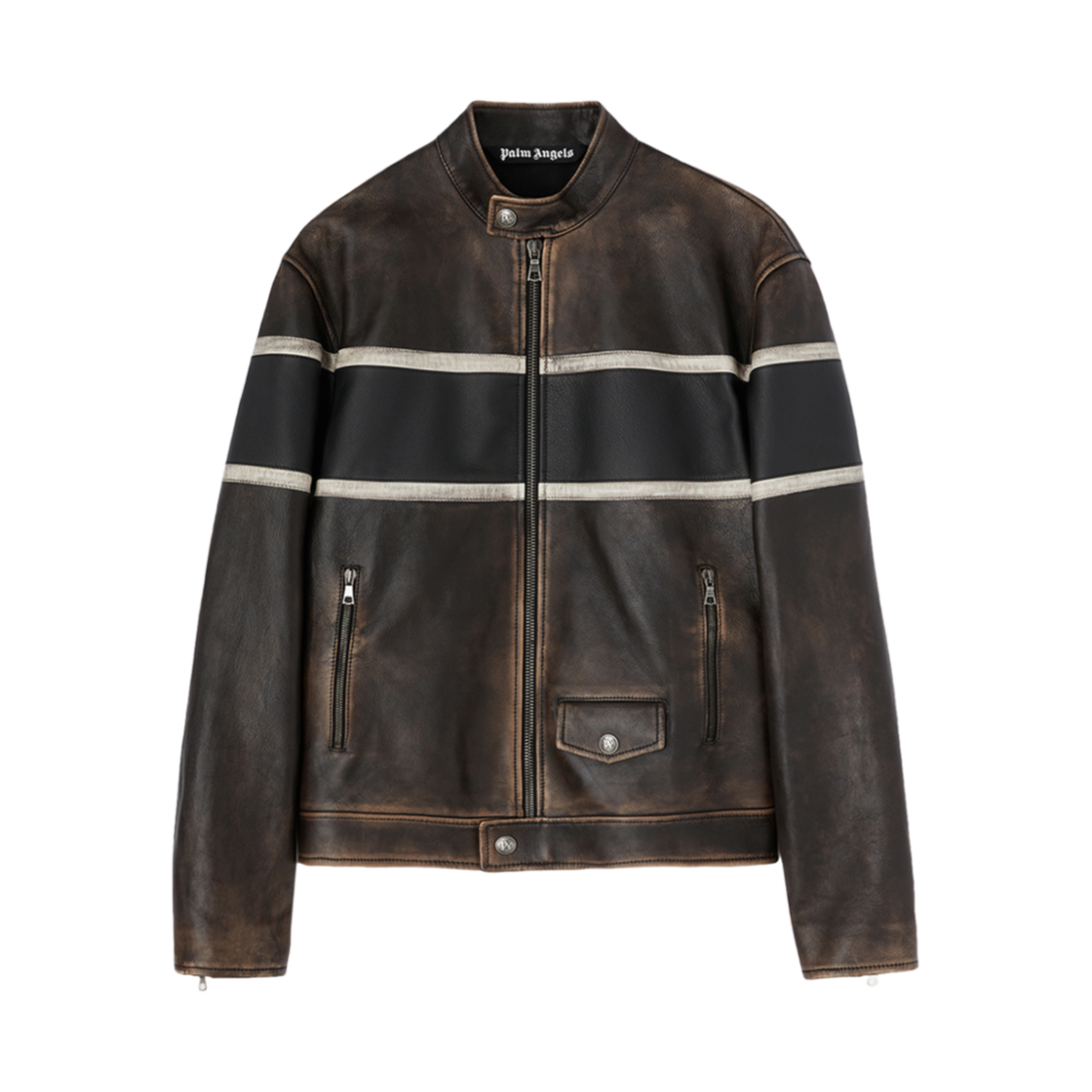 P7LMME188 PALM ANGELS Crystal Pin Up Leather Biker Brown