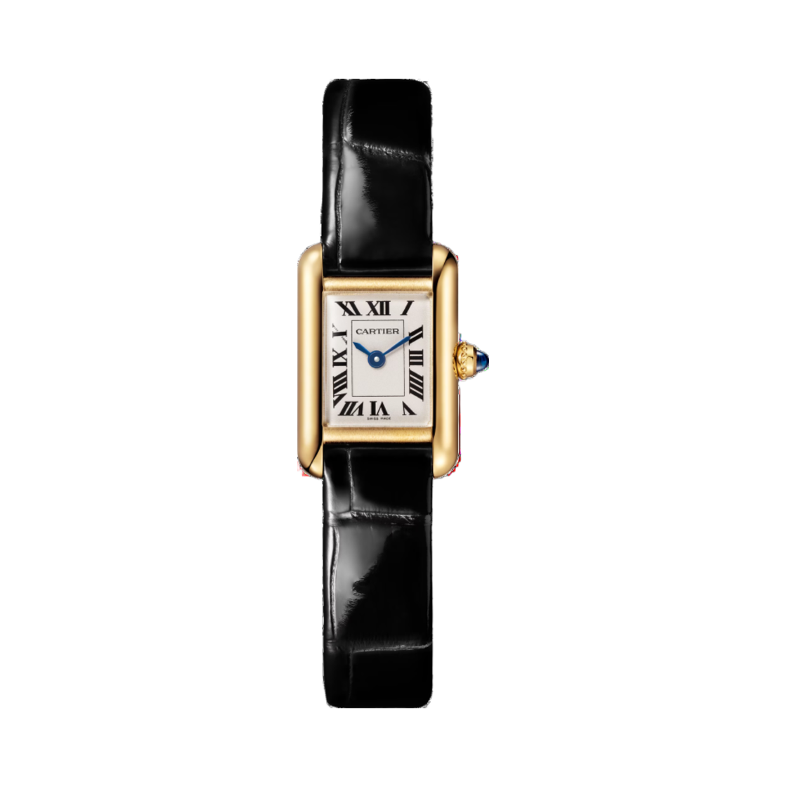 까르띠에 탱크 루이 워치 미니 쿼츠 옐로우 골드 샤이니 앨리게이터 스킨 블랙(Cartier Tank Louis Watch Mini Quartz Yellow Gold Shiny Alligator Skin Black)