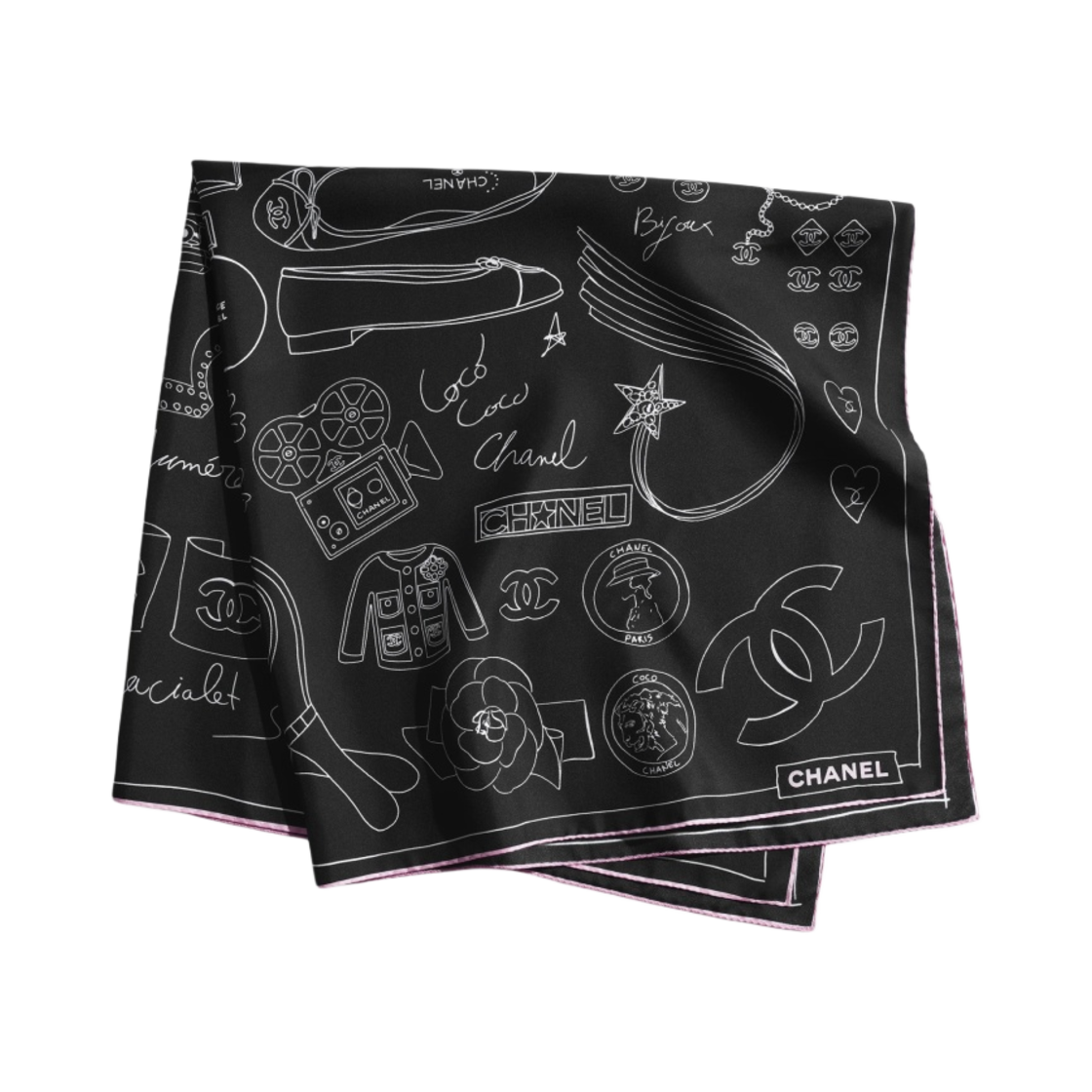 (W) 샤넬 스퀘어 스카프 실크 트윌 & 블랙 라이트 핑크((W) Chanel Square Scarf Silk Twill & Black Light Pink) - 2