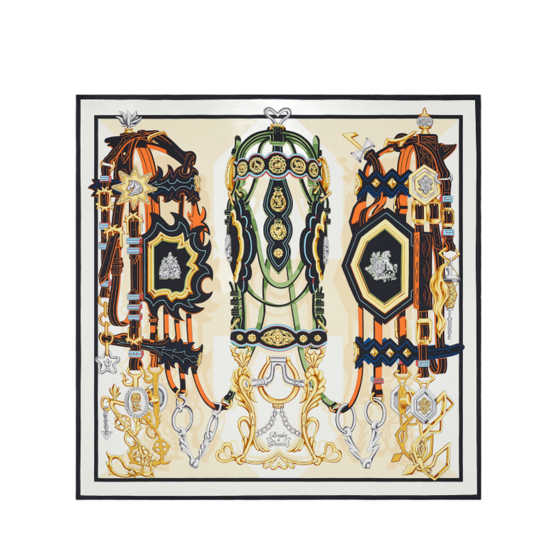 (W) 에르메스 브라이드 데스턴 스카프 90 블랑 마린 멀티꼴로르((W) Hermes Brides et Destin Scarf 90 Blanc Marine Multicolore) - 1