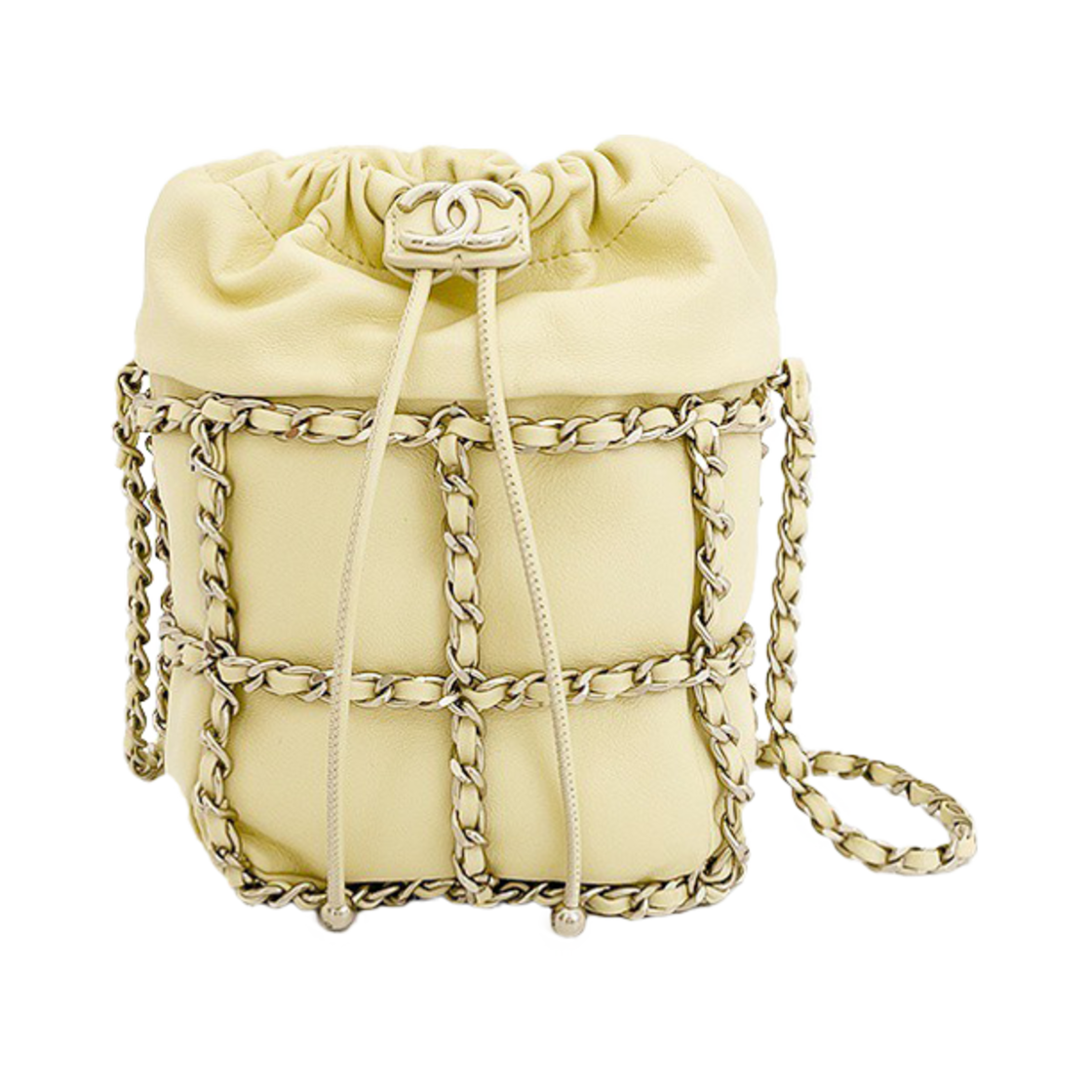 샤넬 체인 네트 버킷백 라이트옐로우 샴페인골드 램스킨