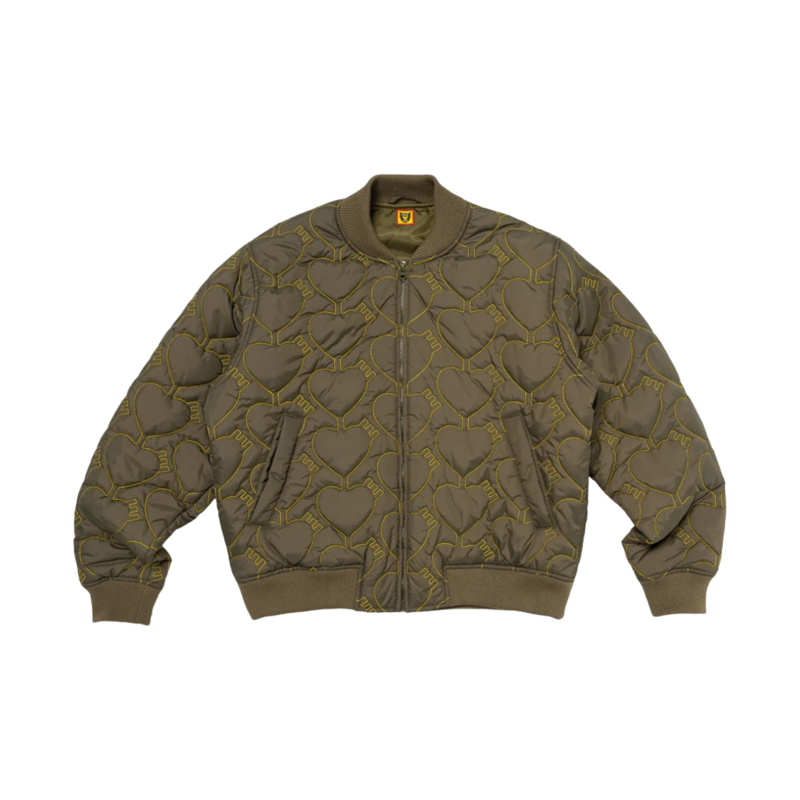 휴먼 메이드 하트 퀼팅 자켓 올리브 드랩