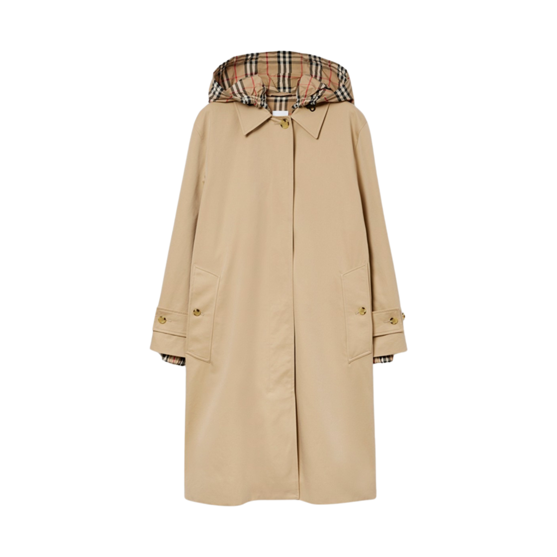8072677 (W) Burberry Mid-Length Check Hood Gabardine Car Coat Honey