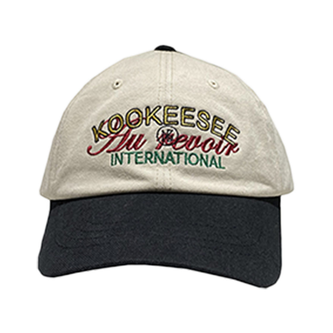 쿠키시 투톤배색 빈티지 워싱 자수 볼캡 라이트 베이지/블랙(Kookeesee Two Tone Vintage Washing Ball Cap Light Beige/Black)