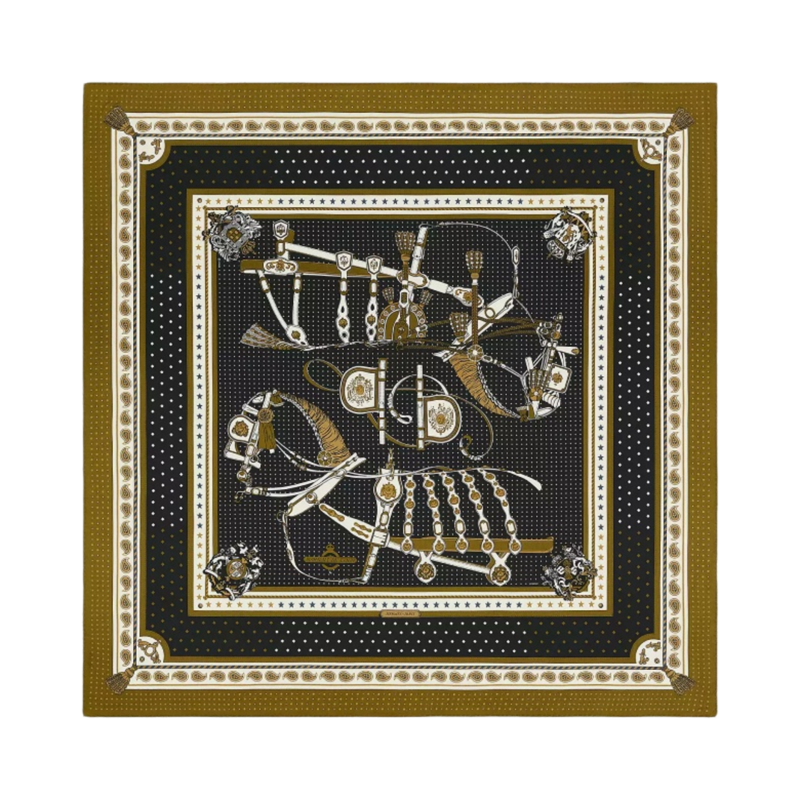 (W) 에르메스 아네 드 쿠어 반다나 숄 140 브롱즈 누아 블랑((W) Hermes Harnais De Cour Bandana Shawl 140 Bronze Noir Blanc) - 1
