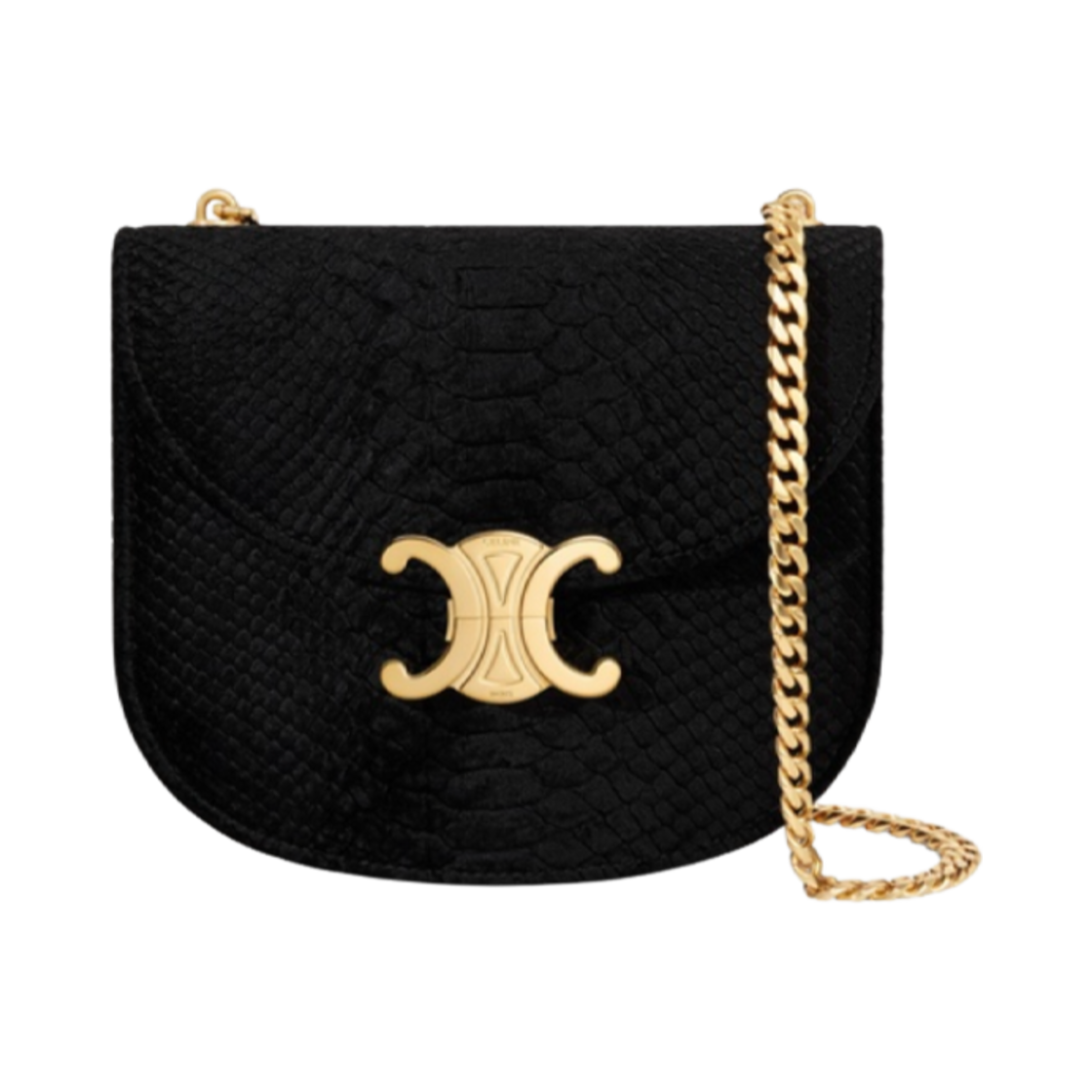110972FKL-38NO Celine Chain Besace Clea Python Effect Velvet Shoulder Bag Black