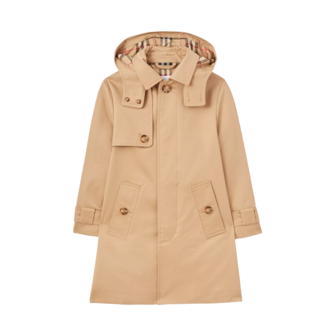 (키즈) 버버리 디테처블 후드 체크 라인드 코튼 트윌 카 코트 아카이브 베이지((Kids) Burberry Detachable Hood Check-Lined Cotton Twill Car Coat Archive Beige) - 1