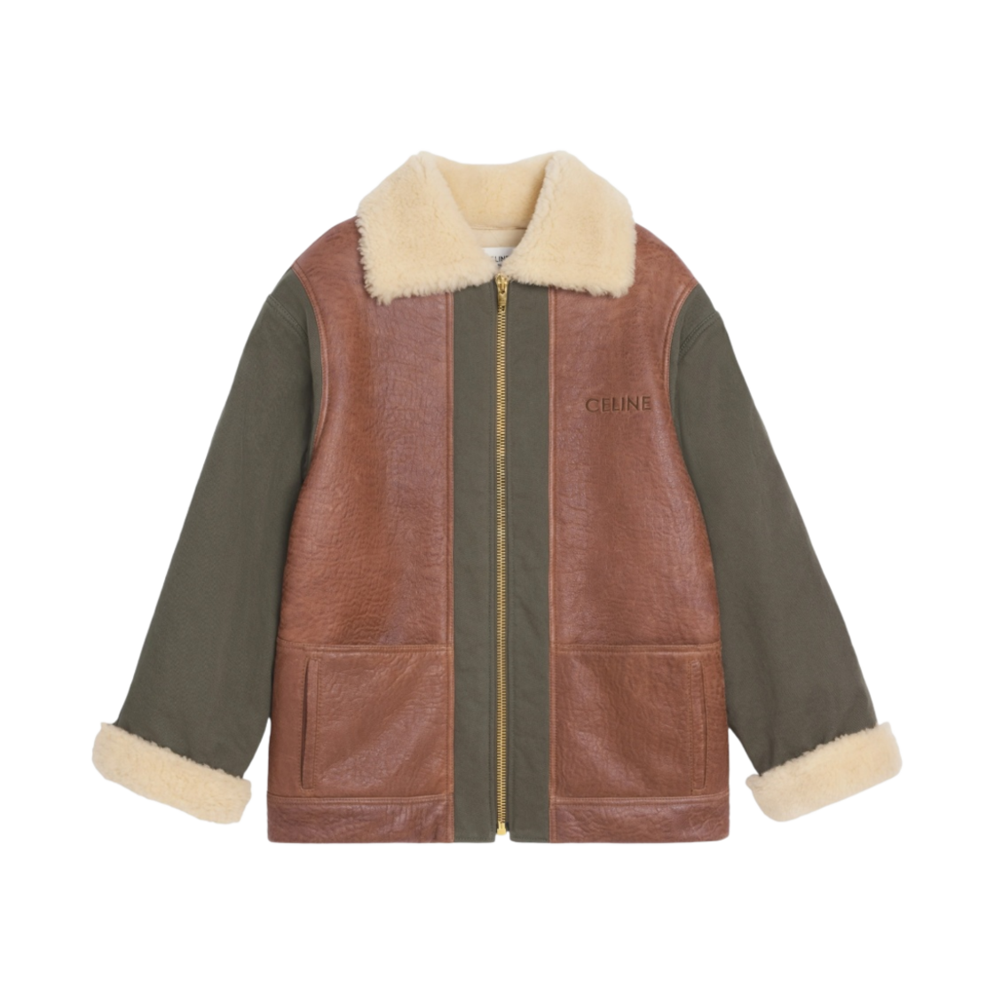 (W) 셀린느 빈티지 셔링 아미 코트 카키 탄((W) Celine Army Coat in Vintage Shearling Khaki Tan) - 1