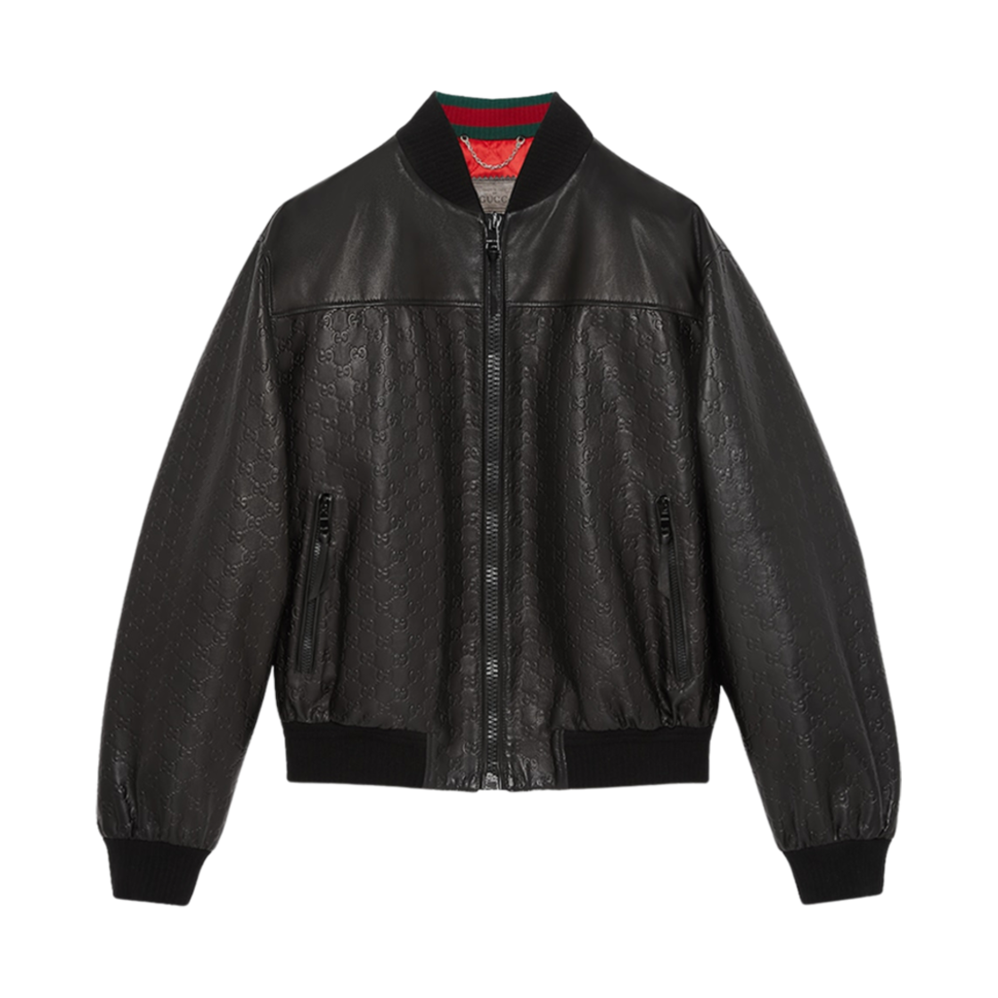 764861-XNA0D-1000 Gucci GG Embossed Leather Bomber Jacket Black