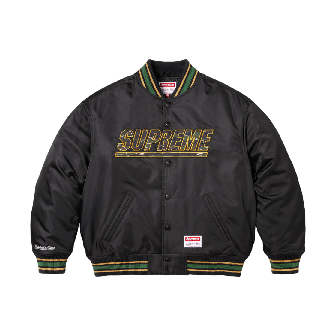 슈프림 미첼 & 네스 카모 로고 바시티 자켓 블랙 - 25SS(Supreme Mitchell & Ness Camo Logo Varsity Jacket Black - 25SS)