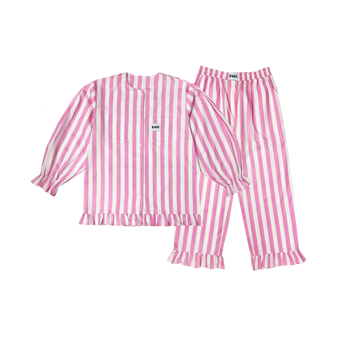 (Women) Ruffle Trim PJ Set, Pink Stripe Foli Women Ruffle Trim PJ Set Pink Stripe