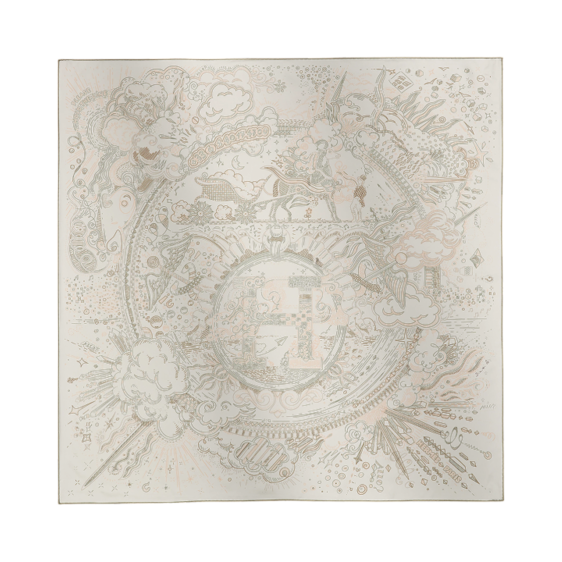 (W) 에르메스 플리즈 홀드 더 라인 스카프 90 블랑 로즈 나크르 베르 드 그리((W) Hermes Please Hold The Line Scarf 90 Blanc Rose Nacre Vert De Gris)