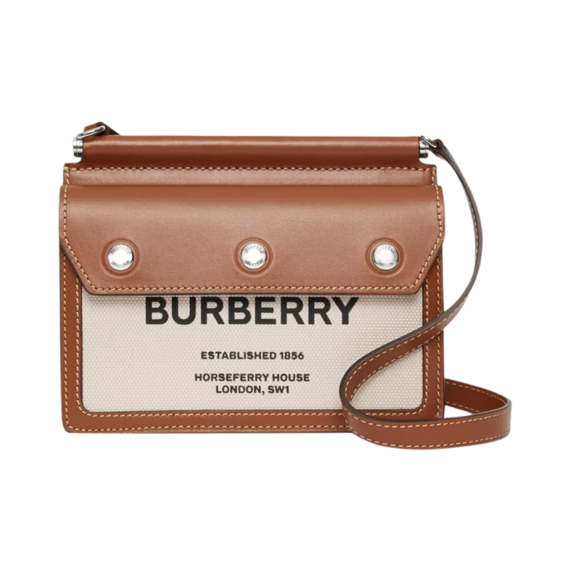 버버리 미니 포켓 디테일 호스페리 프린트 타이틀백 내츄럴 몰트 브라운(Burberry Mini Pocket Detail Horseferry Print Title Bag Natural Malt Brown)