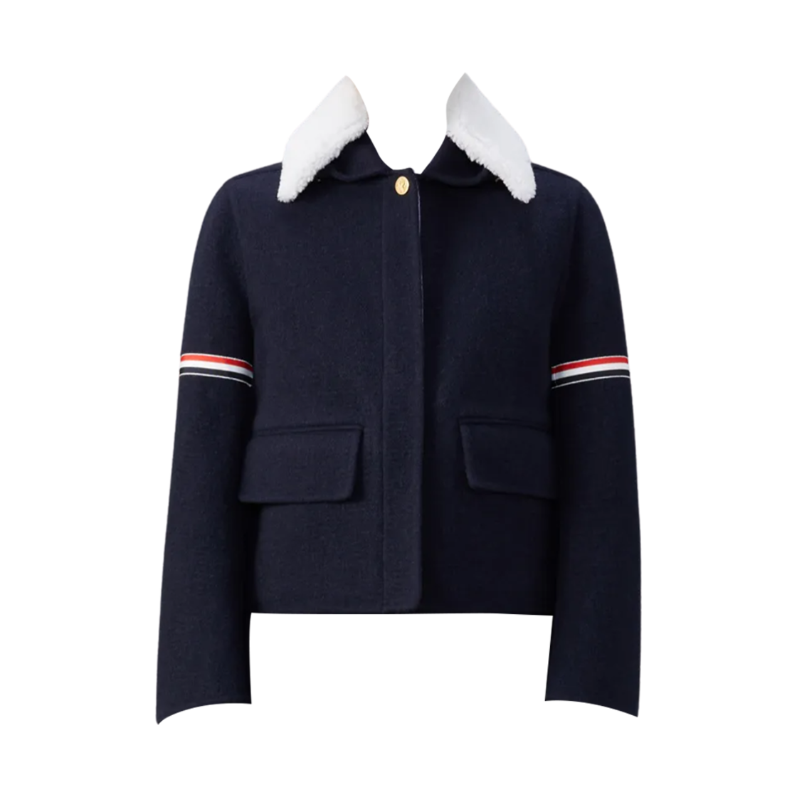 (W) 톰브라운 울 캐시미어 시어링 칼라 암밴드 벨 슬리브 자켓 네이비((W) Thom Browne Wool Cashmere Shearing Collar Armband Bell Sleeve Jacket Navy) - 1
