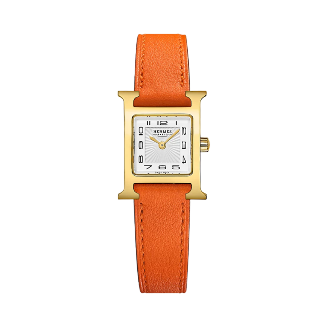 W037895WW00 Hermes Heure H Watch Mini Orange Swift Calfskin Strap & Yellow Gold Steel
