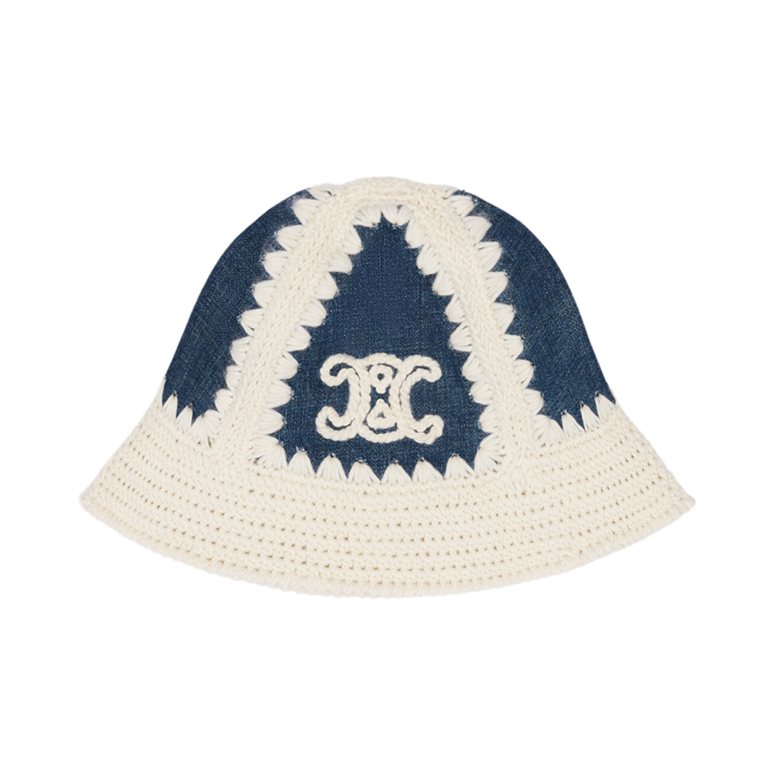 (W) 셀린느 트리옹프 크로셰드 울 데님 버킷 햇 블루 오프 화이트((W) Celine Triomphe Crocheted Wool Denim Bucket Hat Blue Off White) - 1