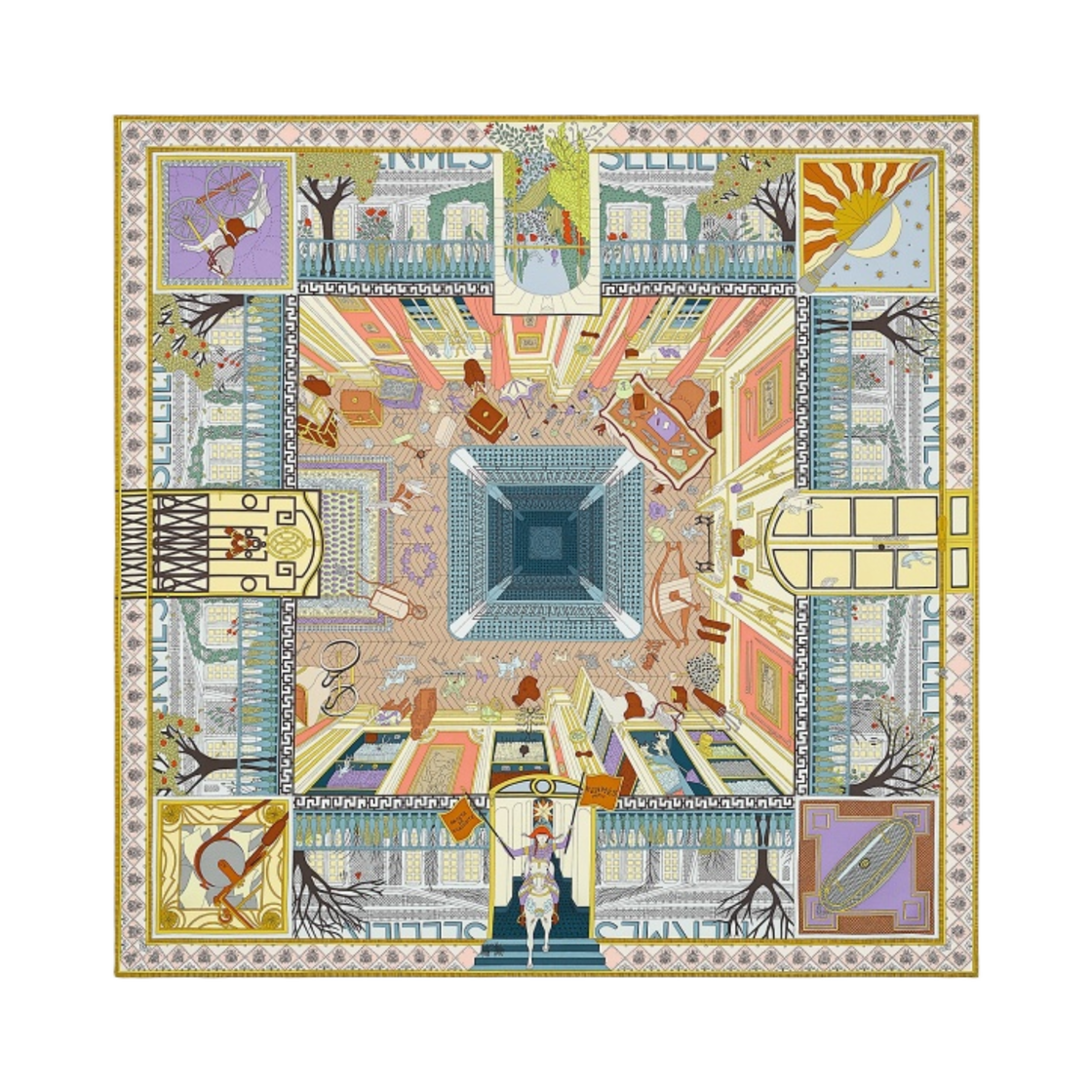 (W) 에르메스 오브젝트 드 큐리오시떼 스카프 90 블루 그리 죤 수프르 로즈((W) Hermes Objets de Curiosite Scarf 90 Bleu Gris Jaune Soufre Rose) - 1