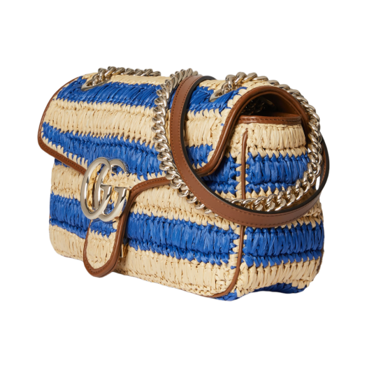 Gucci GG Marmont Woven Medium Shoulder Bag Blue Natural Raffia Effect