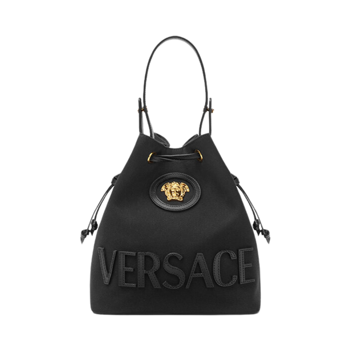 1018297-1A13868-1B00V Versace La Medusa Canvas Bucket Bag Black Gold