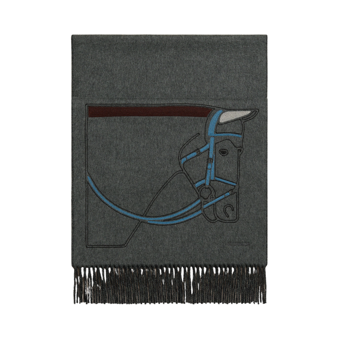 H394820T01 Hermes Profile Brode Muffler Cashmere Flanelle Noir