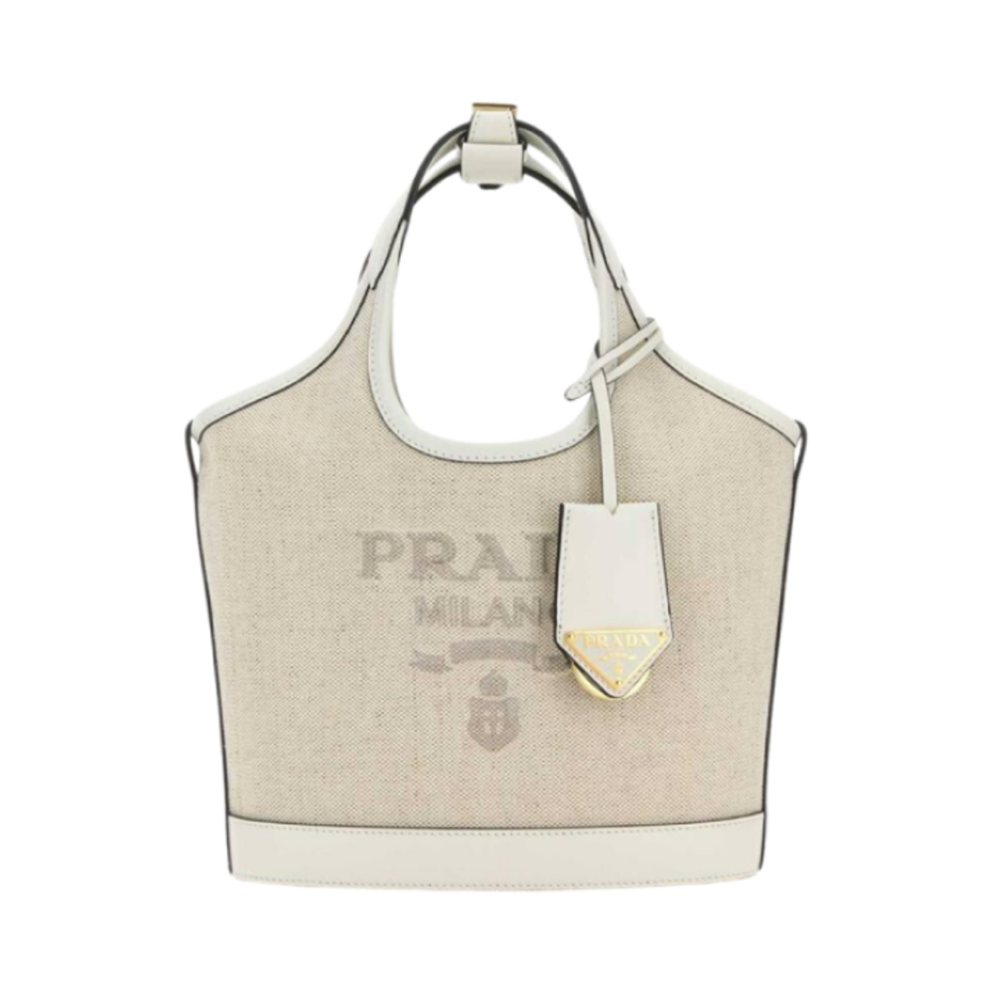 1BE074-2DLI-F0N86 Prada Linen Blend and Leather Mini Buckle Bag Tan White