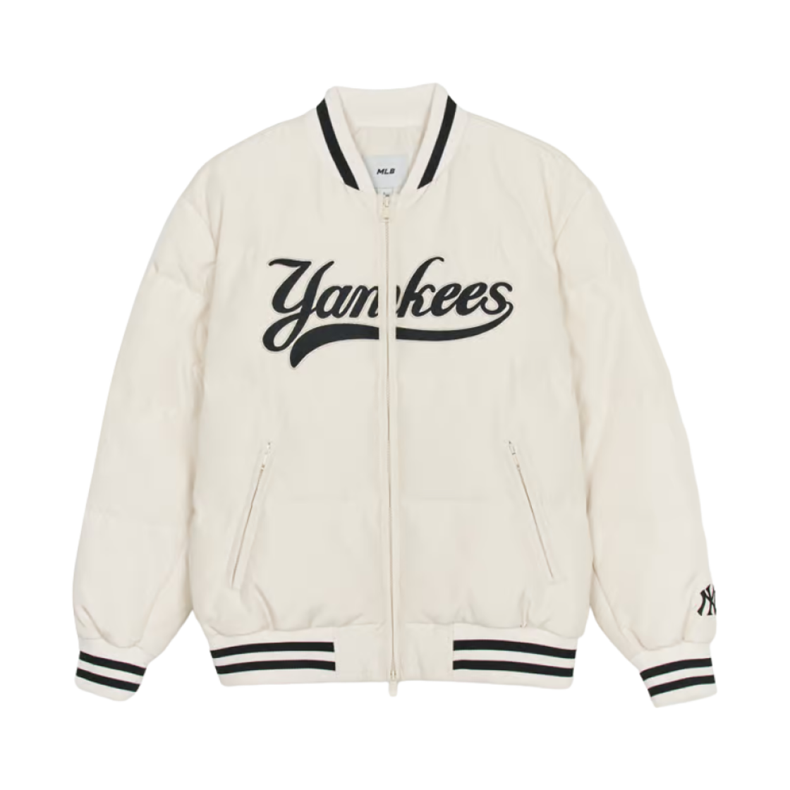 MLB 바시티 컬시브 립 헤비웨이트 숏 푸퍼 자켓 뉴욕 양키스 딥 크림(MLB Varsity Cursive Rib Heavyweight Short Puffer Jacket New York Yankees D.Cream)
