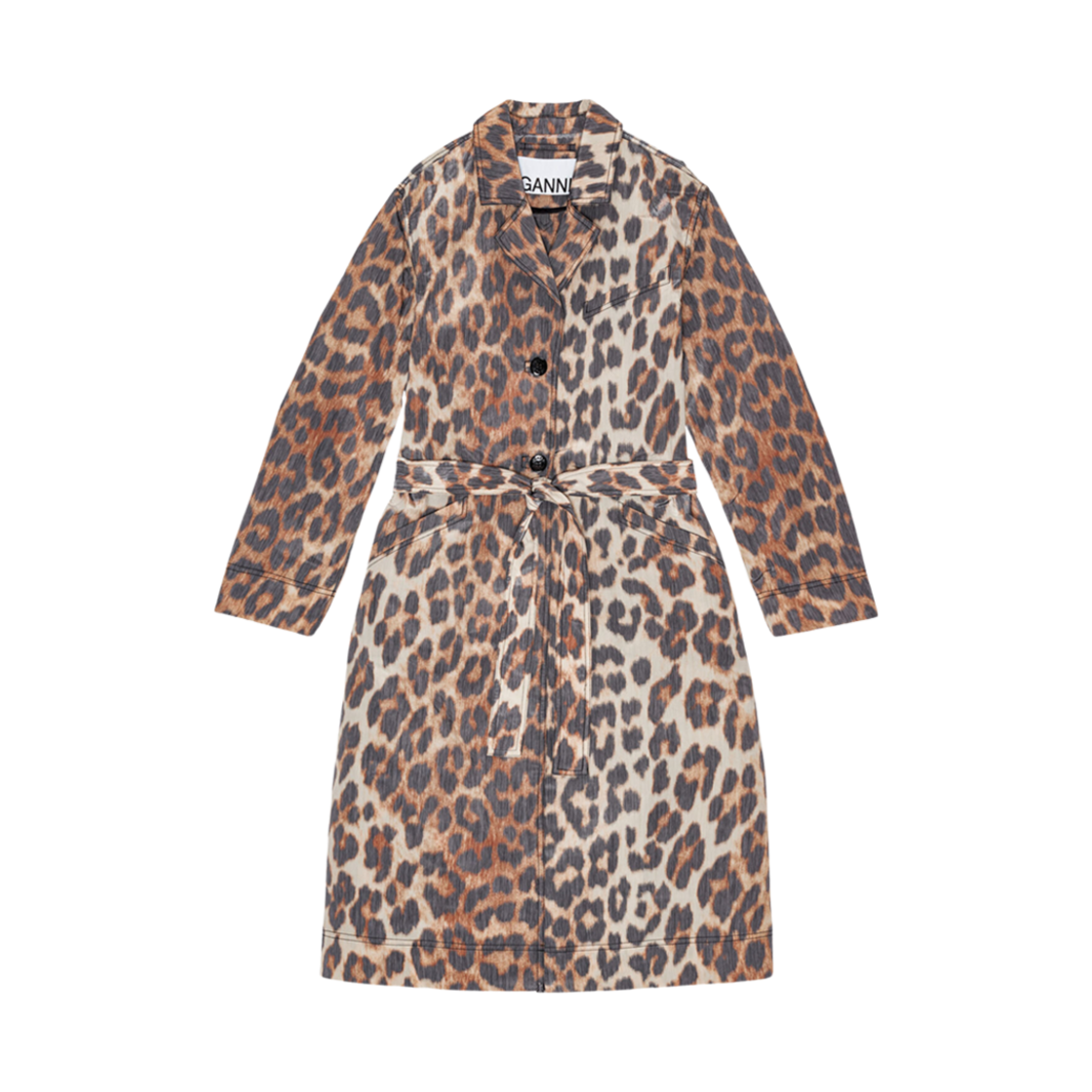 (W) 가니 크리스피 쉘 벨트 코트 빅 레오파드 아몬드 밀크((W) Ganni Crispy Shell Belt Coat Big Leopard Almond Milk) - 1