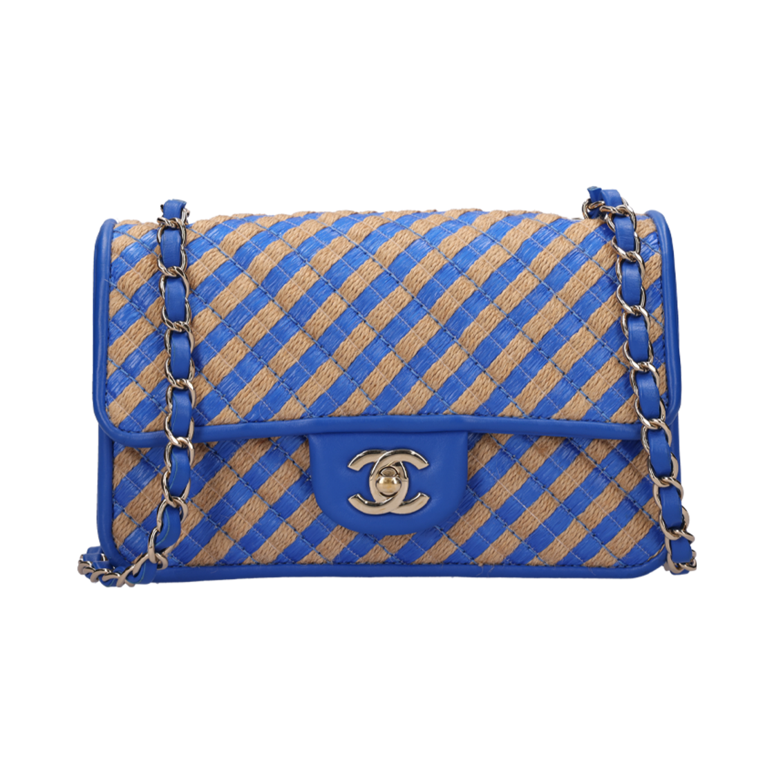 샤넬 AS2418 라피아 스트라이프 체인 백 블루 금장