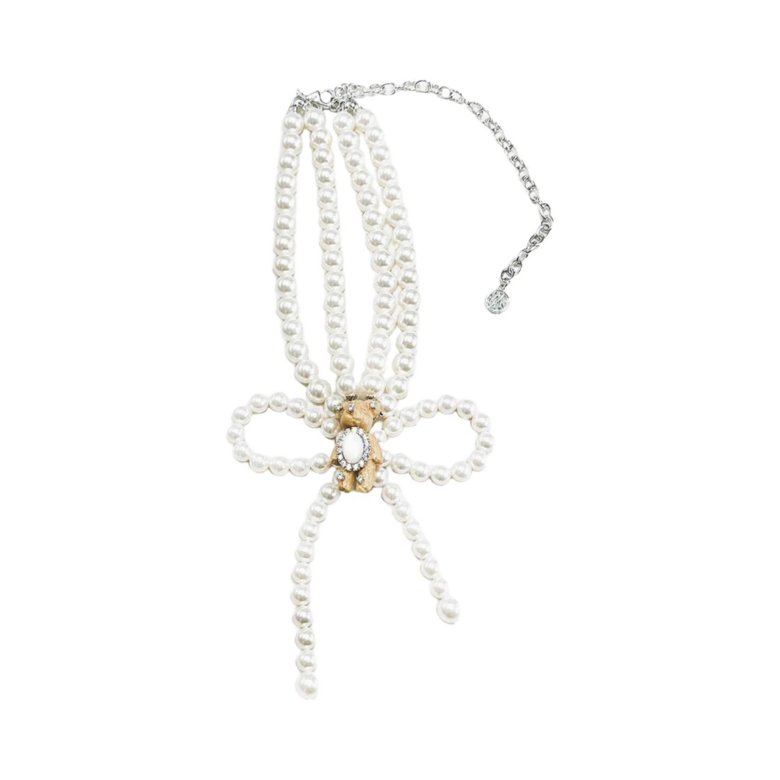 - (W) Yvmin Wooden Bear Bow Pearl Necklace White