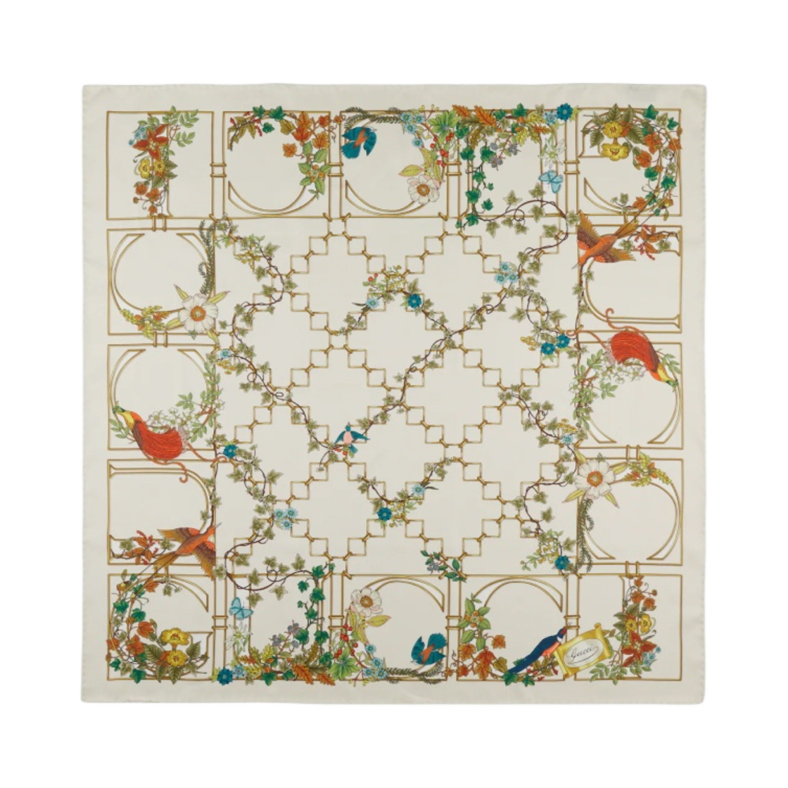 777353-3G001-9200 (W) Gucci Animal and Floral Print Silk Carre Ivory Multicolour