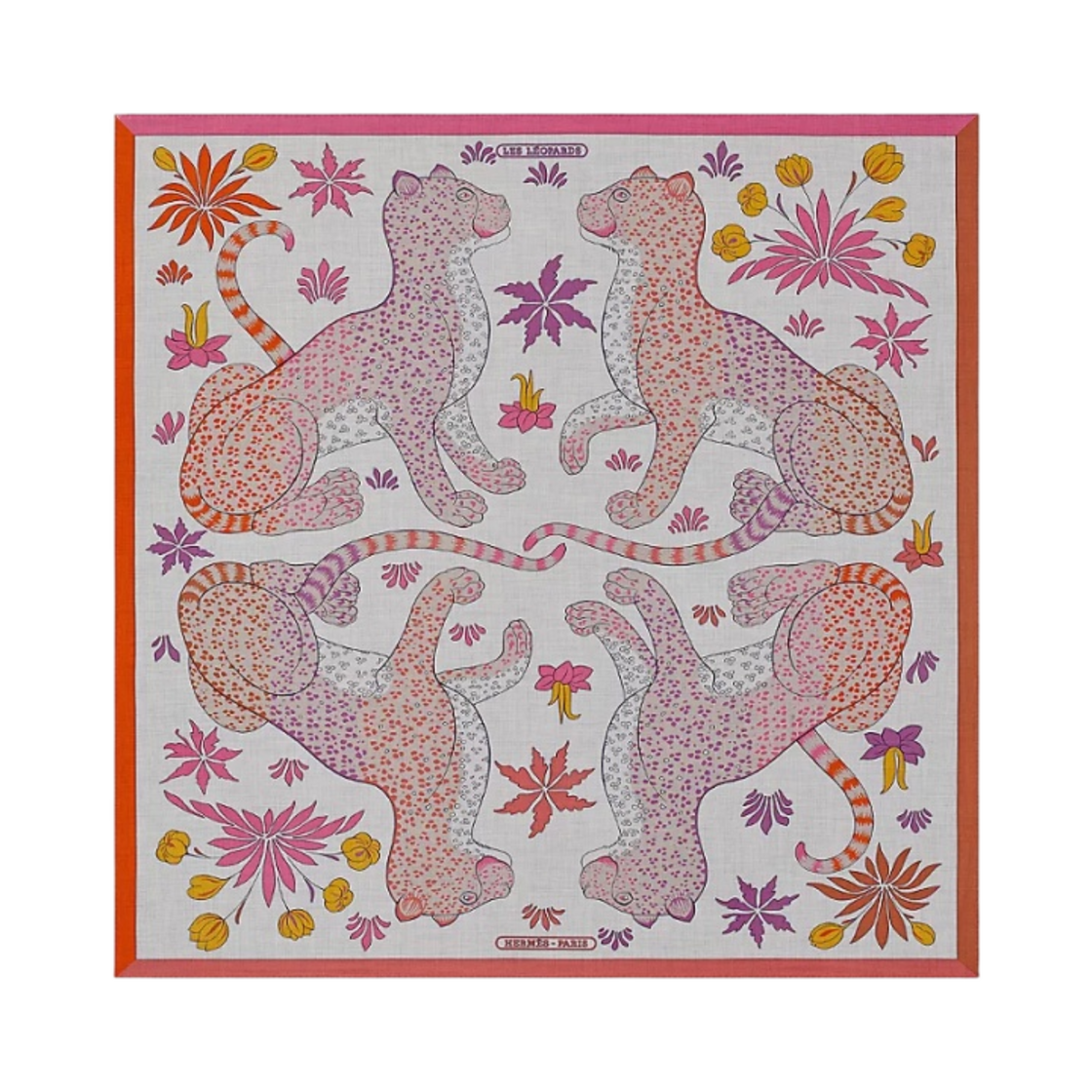 (W) 에르메스 레 레오파드 숄 140 그리 시네 로즈 오랑쥬((W) Hermes Les Leopards Shawl 140 Gris Chine Rose Orange) - 1