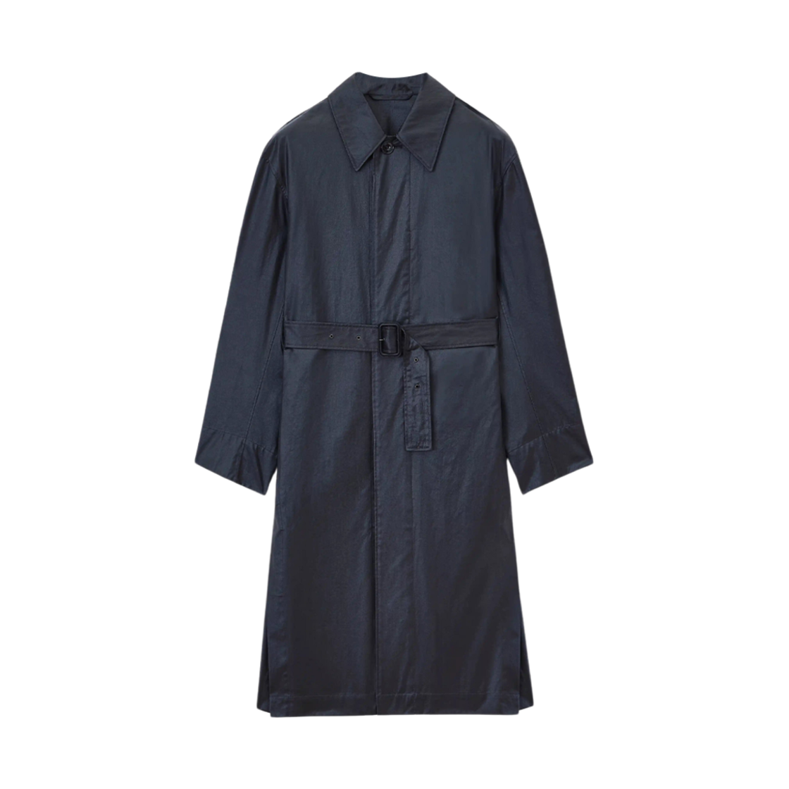 (W) 르메르 WR 코티드 코튼 벨티드 레인 코트 슬릿 애쉬 블랙((W) Lemaire WR Coated Cotton Belted Rain Coat with Slits Ash Black)