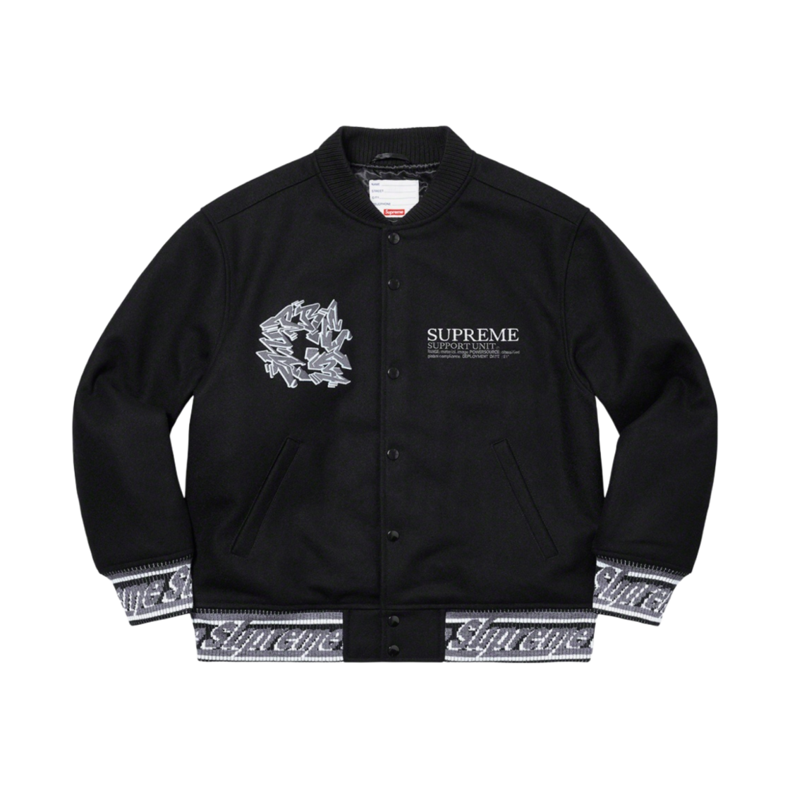 슈프림 서포트 유닛 바시티 자켓 블랙 - 21FW | Supreme | KREAM