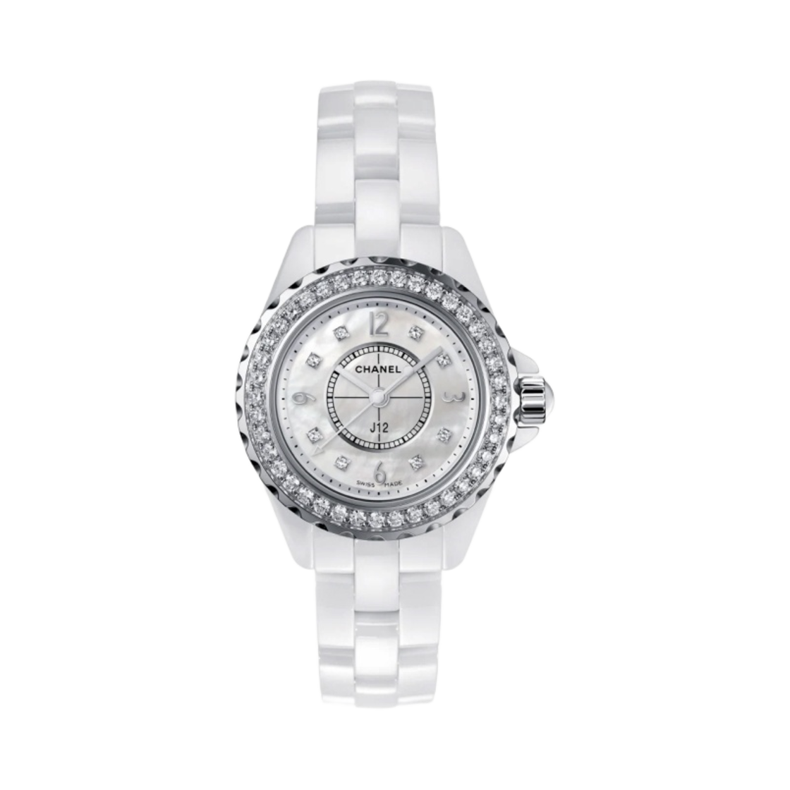 샤넬 J12 워치 29mm 쿼츠 화이트 마더 오브 펄 다이아 베젤 & 인디케이터(Chanel J12 Watch 29mm Quartz White MoP Diamond Bezel & Indicators)