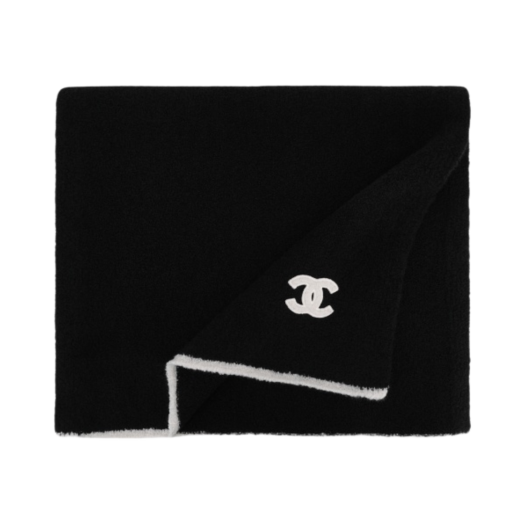 (W) Chanel Scarf Cashmere Silk & Black Ivory