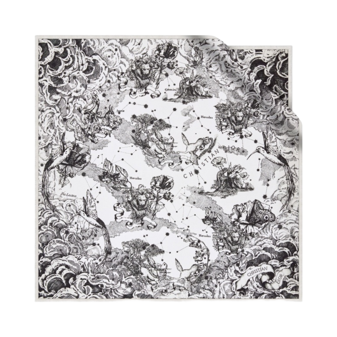 (W) 디올 트왈 드 주이 조디악 70 스퀘어 스카프 화이트 블랙 실크 트윌((W) Dior Toile De Jouy Zodiac 70 Square Scarf White Black Silk Twill) - 1