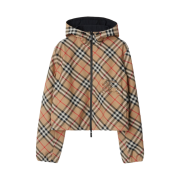 (W) Burberry Cropped Reversible Check Jacket Sand
