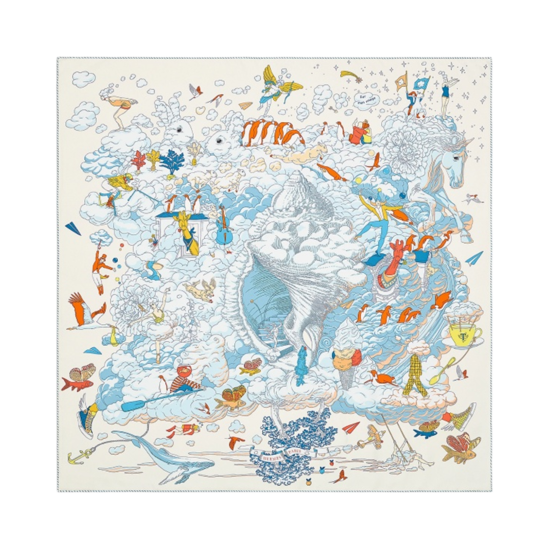 (W) 에르메스 까레 쉬르 몬 뉘아주 스카프 90 크렘 블루 클레어 멀티꼴로르((W) Hermes Carres Sur Mon Nuage Scarf 90 Creme Bleu Clair Multicolore)