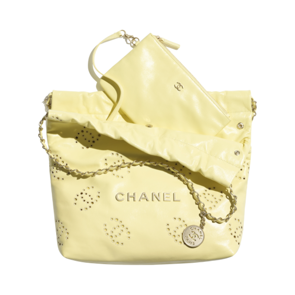 샤넬 22 스몰 핸드백 샤이니 카프스킨 & 골드 메탈 라이트 옐로우(Chanel 22 Small Handbag Shiny Calfskin & Gold Light Yellow) - 3