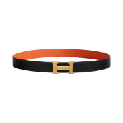 Hermes H Guillochee Belt Buckle & Reversible Leather Strap Box 135 Togo 32mm & Gold Noir Orange