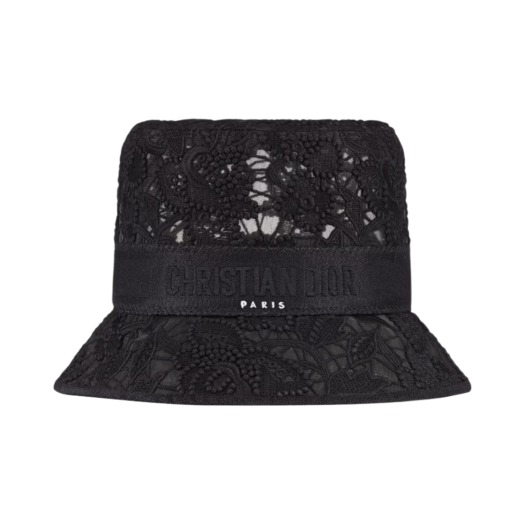 (W) Dior D Bobby D Lace Macrame Small Brim Bucket Hat Black Cotton Blend